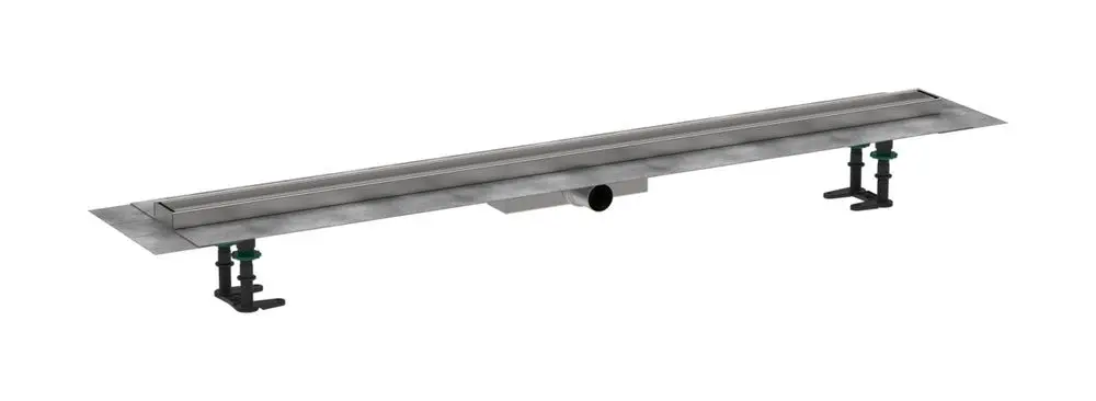 Duschrinne mit flacher Installation, aus Edelstahl, zur Fliesenverarbeitung. Hansgrohe Design mit seitlichen Befestigungen und Abflussöffnung in der Mitte.